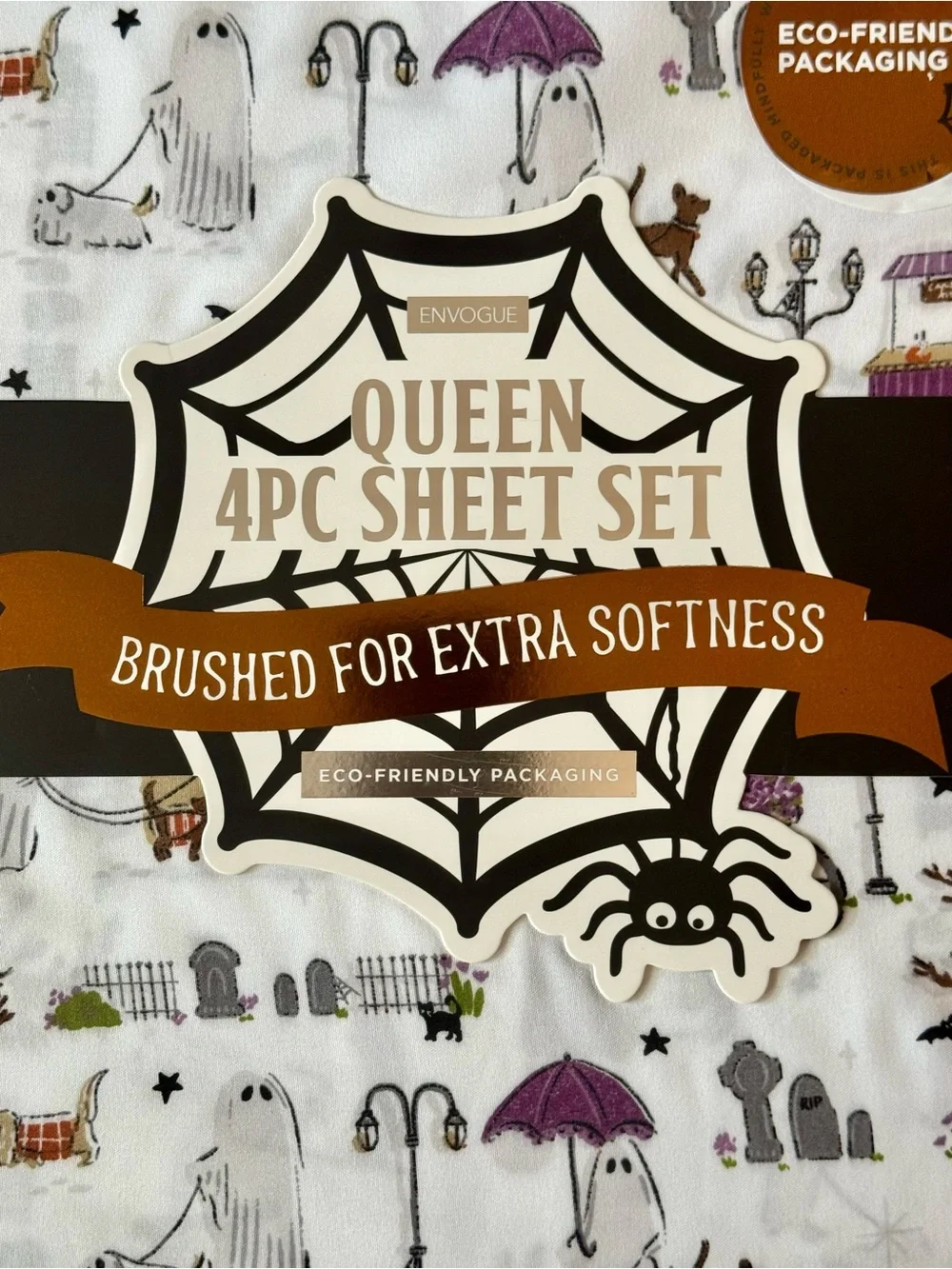 Envogue White Halloween Ghost Print Queen 4pc Sheet Set